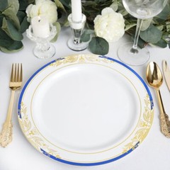 10″ White ROUND PLATES Royal Blue Gold Trim Party Wedding Disposable Tableware