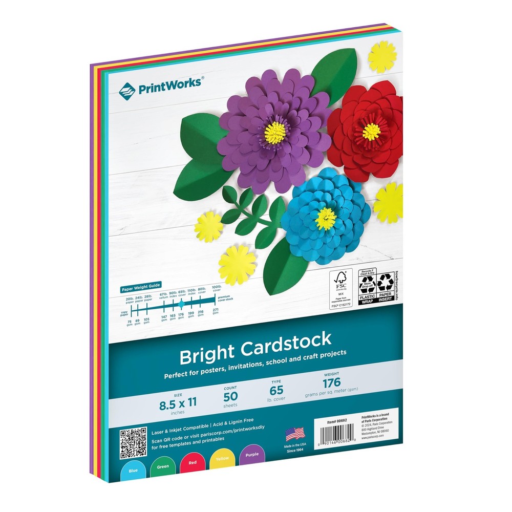 PrintWorks Bright Cardstock 8.5″ x 11″ – 50 Sheets – 5 Assorted Primary Color…