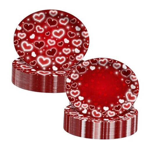 Valentines Day Plates, Early 2000s Glitter Heart Disposable Paper Plates, Red