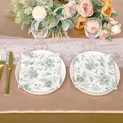 100Pcs Floral Beverage Napkins Sage Green White Disposable Paper Napkins