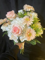 White, Pink And Champagne Pink Wedding Bouquet With Matching Boutonnière.