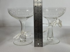 VTG MCM Engraved BRIDE GROOM Glasses Hollow Stem Champagne Coupes 1967 In Box