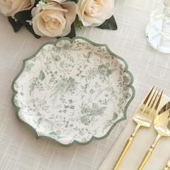 25 White Sage Green 10″ Floral Leaf Print Paper Plates Scalloped Rim Party Event