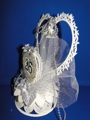 New 25th Wedding Anniversary Double Heart & Bells, silver flowers caketop #46