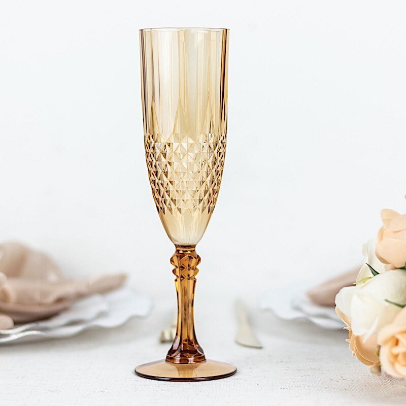 6 AMBER GOLD 8 oz Crystal Plastic Champagne Flute GLASSES Party Events