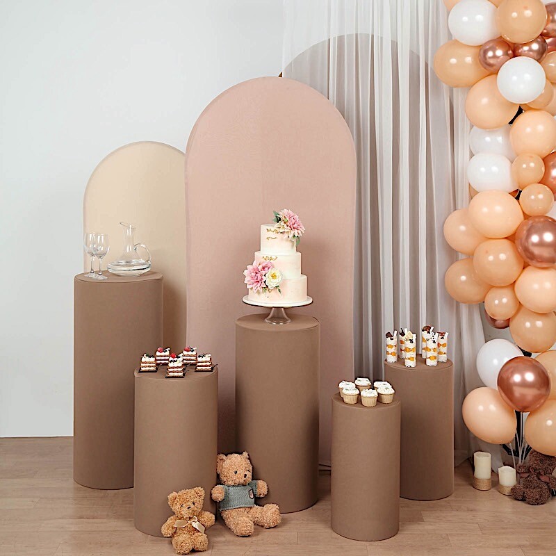 5 TAUPE Fitted Spandex Cylinder Display STAND COVERS Set Party Decorations
