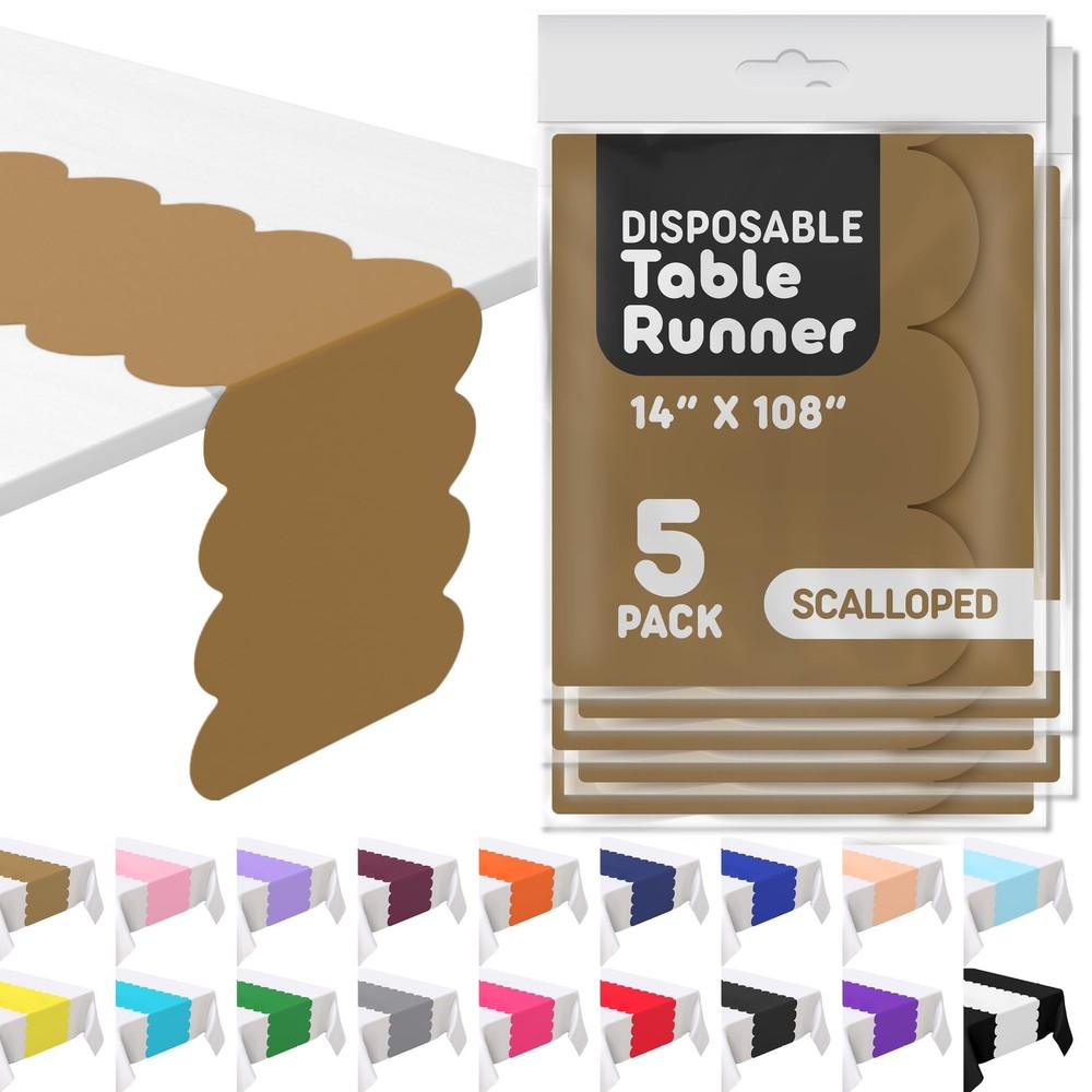 Gold Plastic Disposable Table Runner. 5 Pack 14 x 108 inch. ScallopTable Runn…