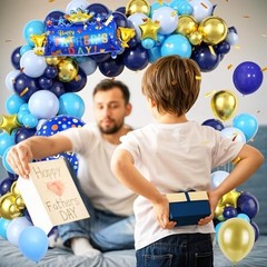 Father’s Day Balloon Arch, Navy Blue Metallic Gold Light Blue Balloon Garland