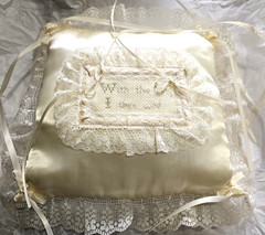 Hand Made Cross-Stitched Lacey Ring Bearer Pillow -Wedding -Cream Color