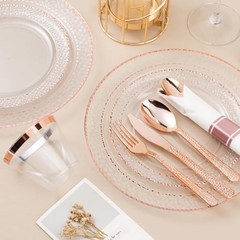 350PCS Clear Plastic Plates with Trim for 50 Guests, 50 Guests Set Rose Gold