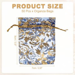 Organza Bags, 50 Pcs 2.8 x 3.5 Inch Gold Rose Mesh Pouch, Sapphire Blue Gold