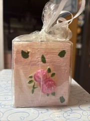 Pink Roses Square Candle Gift Wrapped With White Ribbon Rare Unscented New