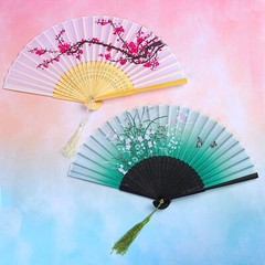 Aneco 4 Pieces Folding Fans Bamboo Handheld Silk Fabric Color A