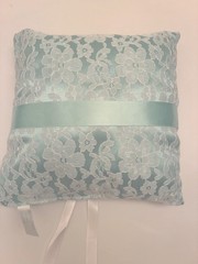 Wedding Ring Bearer Pillow Mint green Charmeuse Lace Satin Bow Ribbon 8″ x 8″