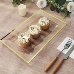 10 CLEAR GOLD Rectangular Plastic Serving Trays with Gold Rim Party Decorations