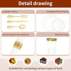 175PCS White and Gold Plastic Plates Set – Heavy Duty Disposable Dinner Plates