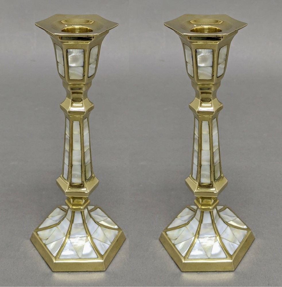 Candle Holder Brass Mother of Pearl Inlay Hexagonal 3″Wide 8″High Set of 2