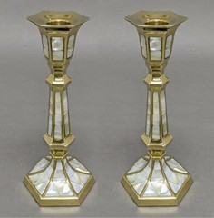 Candle Holder Brass Mother of Pearl Inlay Hexagonal 3″Wide 8″High Set of 2