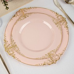10 BLUSH GOLD 8″ Round Plastic Salad Dinner PLATES Embossed Baroque Rim Party