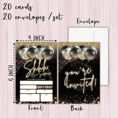 Shhh It’s a Surprise Birthday Invitations, Black Gold Balloon Birthday Party …
