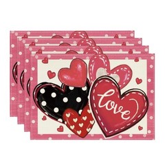 Dot Hearts Love Valentine’s Placemats Set of 12″ x 18″, Rectangular 4 Pcs Pink