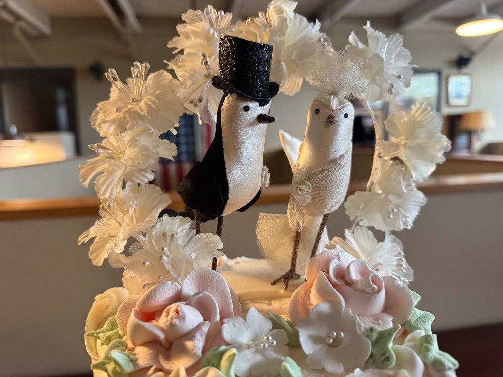 Vintage Bird Bride & Groom Wedding Cake Toppers + Silk Corsage – Custom Made!