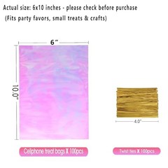 Cellophane Bags, 100 Pcs 6×10 Inches Clear Treat Bags with Iridescent Pink