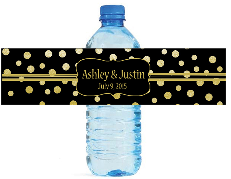 Gold Confetti w black wedding anniversary Engagement party Water Bottle Labels