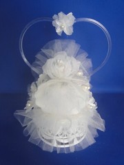 New Elegant Wedding Caketop, white bell, shimmer white floral, heart back #251