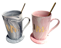 Mr&Mrs Ceramic Cup Set Marble design in Grey & Pink 3″ Tall Wedding/Anniversary
