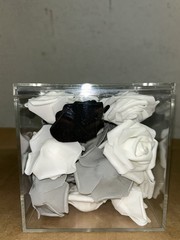Felt Black, White & Gray Table Centerpiece Rose Buds In 6x6x6 Clear Plastic Box