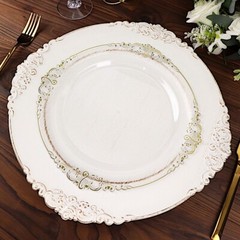 10 CLEAR GOLD 10″ Round Plastic Salad Dinner PLATES Embossed Baroque Rim Party