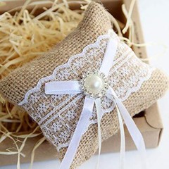 Hessian Burlap Lace Bridal Wedding Ring Pillow 10 x 8cm Small Vintage Burlap