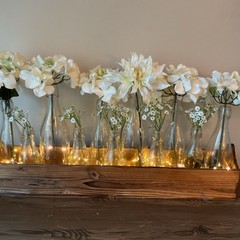 Farmhouse Decor Long Wooden Table Top Centerpiece w/11 Bottle Vases-Lighted