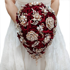 Yifuwedding Bride Water Drop Wine Red Bouquet Navy Blue Wedding Luxury Jewelry P