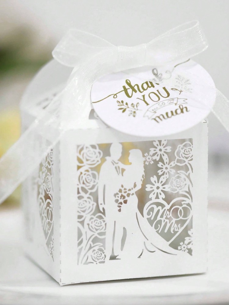 White – 50 Pieces Laser Cut Wedding Favor Boxes With Thank You Tags And Ribbons