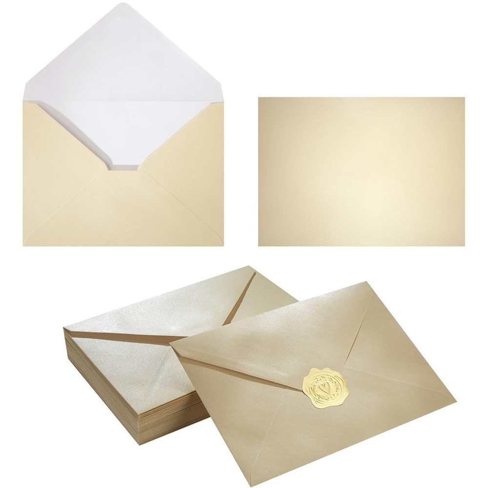 50 Pieces Shiny Envelopes with Gold Stickers for Wedding Invitation Cards, Gr…