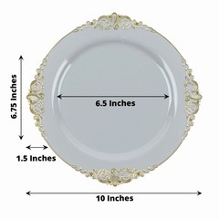 10 GRAY GOLD 10″ Round Plastic Salad Dinner PLATES Embossed Baroque Rim Party