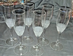 Champagne Flutes / Crystal & Frosted Cut / Set or 6