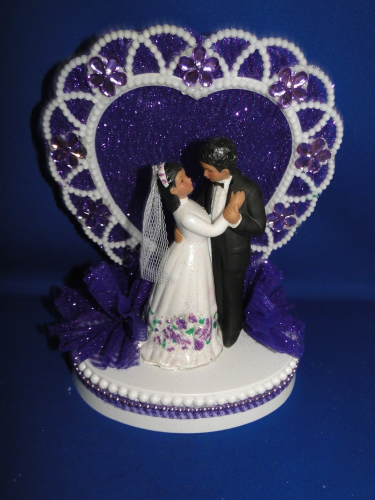 New Medium Dark skin Bride & Groom Wedding CakeTop, purple decor & heart, #335
