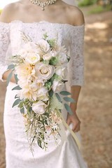 Cascading Bouquets for Bride Beige Rose Artificial Bridal Bouquet for Boho Ru…