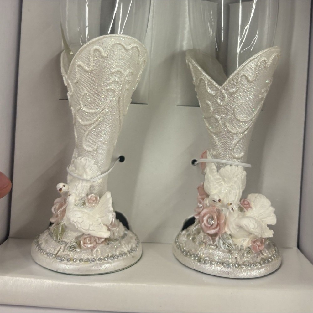 Wedding Champagne Flute Glass Set 2pc Clear/White/Pink Floral Bow Decor 100ml