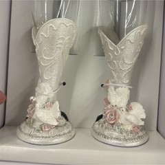 Wedding Champagne Flute Glass Set 2pc Clear/White/Pink Floral Bow Decor 100ml