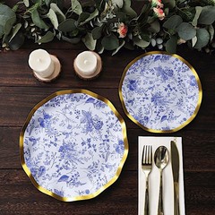 25 Round 10″ BLUE Paper Salad Plates Gold Wavy Rim Party Tableware Decorations