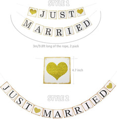 JUST Married Banner Car Decorations, Gold Glitter Just Married Sign Garland for