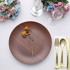 6 BROWN 10″ Round Wood Grain Design Heavy Duty Plastic PLATES Party Decorations