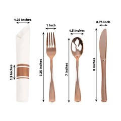 24 ROSE GOLD Plastic Silverware with Pre Rolled White Paper Napkins Party