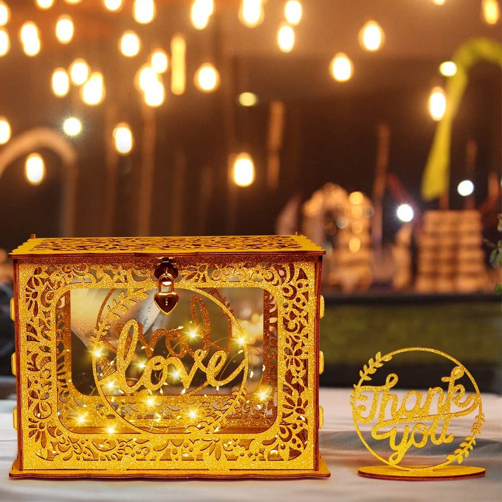 Glitter Wooden Gold Wedding Gift Card Money Box With Heart Lock String Light