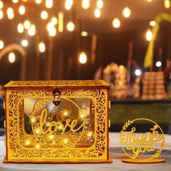 Glitter Wooden Gold Wedding Gift Card Money Box With Heart Lock String Light