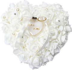 Wedding Ring Pillow, Irovy Ring Bearer Holder Pillows Heart Shape Rose Lace C…
